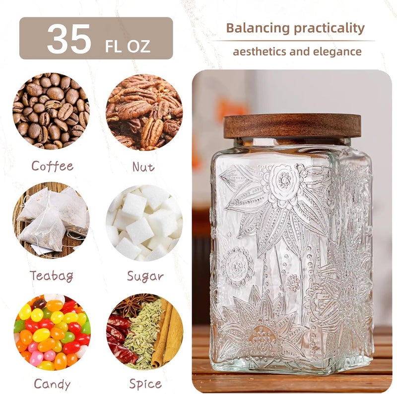 Custde Glass Storage Jars With Airtight Lid, 35oz Container For Kitchen Counter with Wood Lid, brown sugar, candy, coffee, cookie, salt, tea, cute Jar (Large Square Sunflower) - Image 4